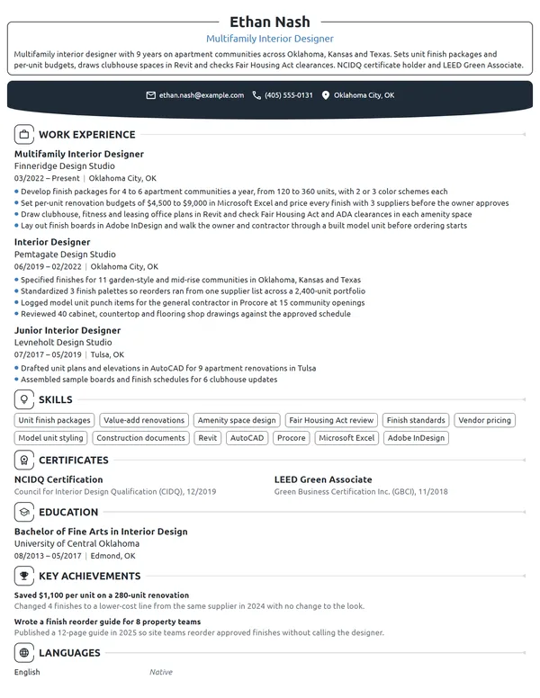Multifamily Interior Designer resume example
