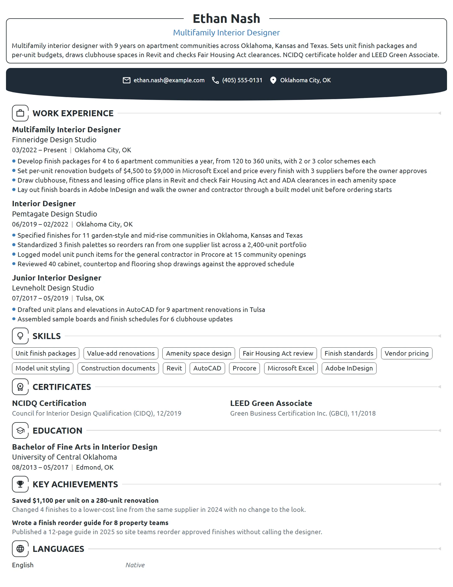 Multifamily Interior Designer resume example
