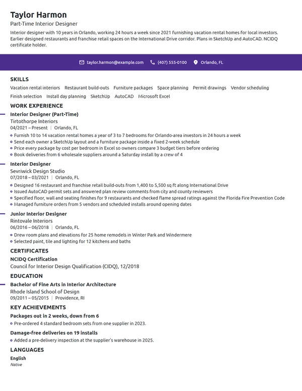 Part-Time Interior Designer resume example
