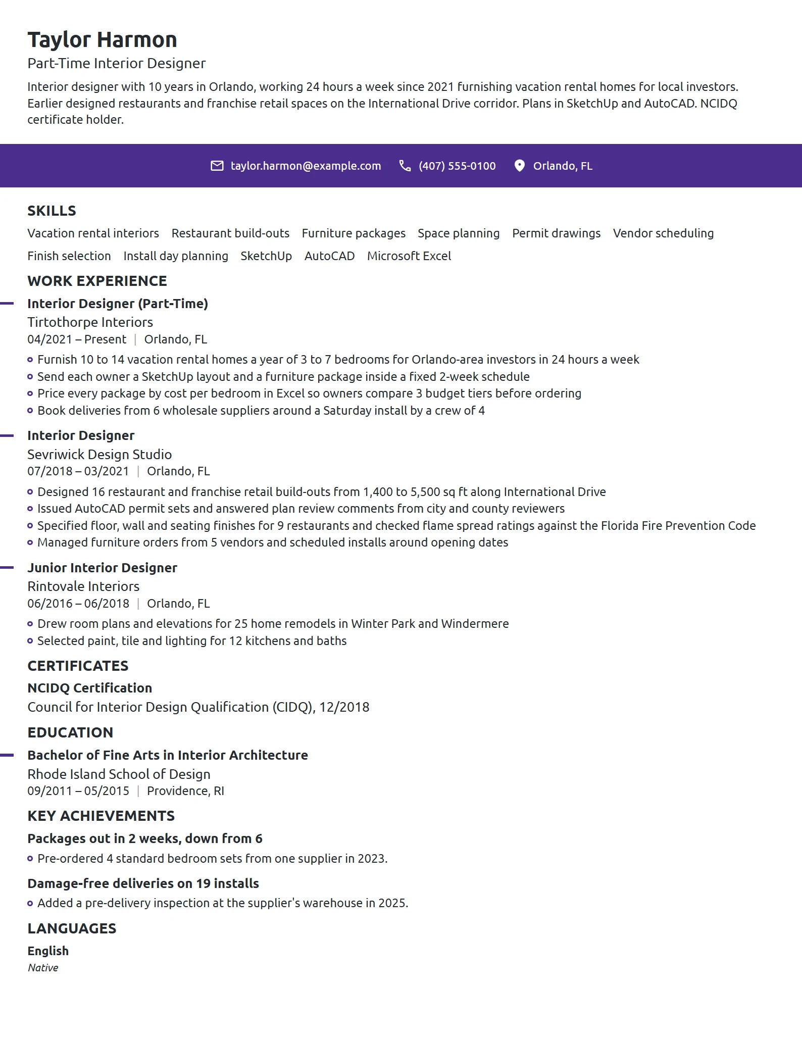 Part-Time Interior Designer resume example