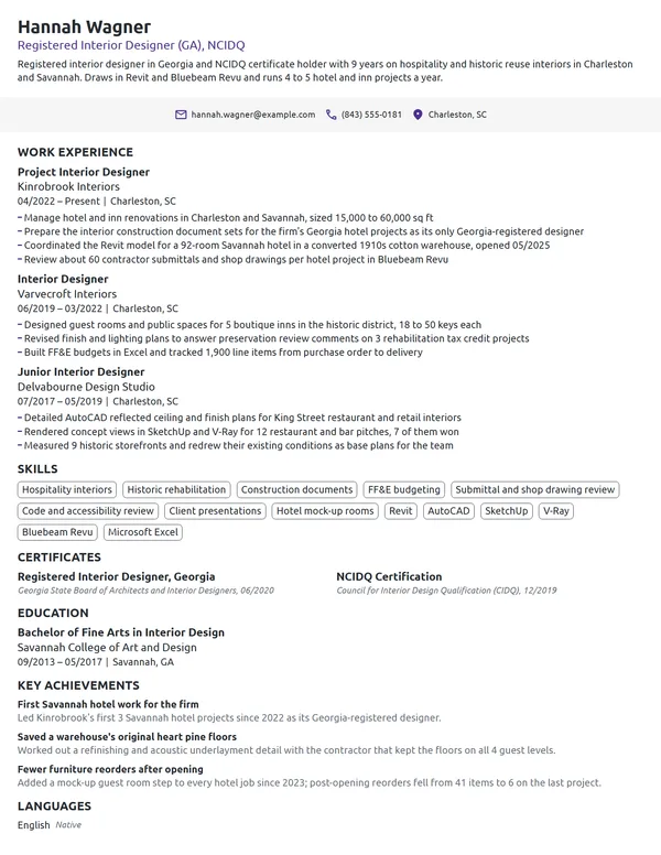 Registered Interior Designer resume example
