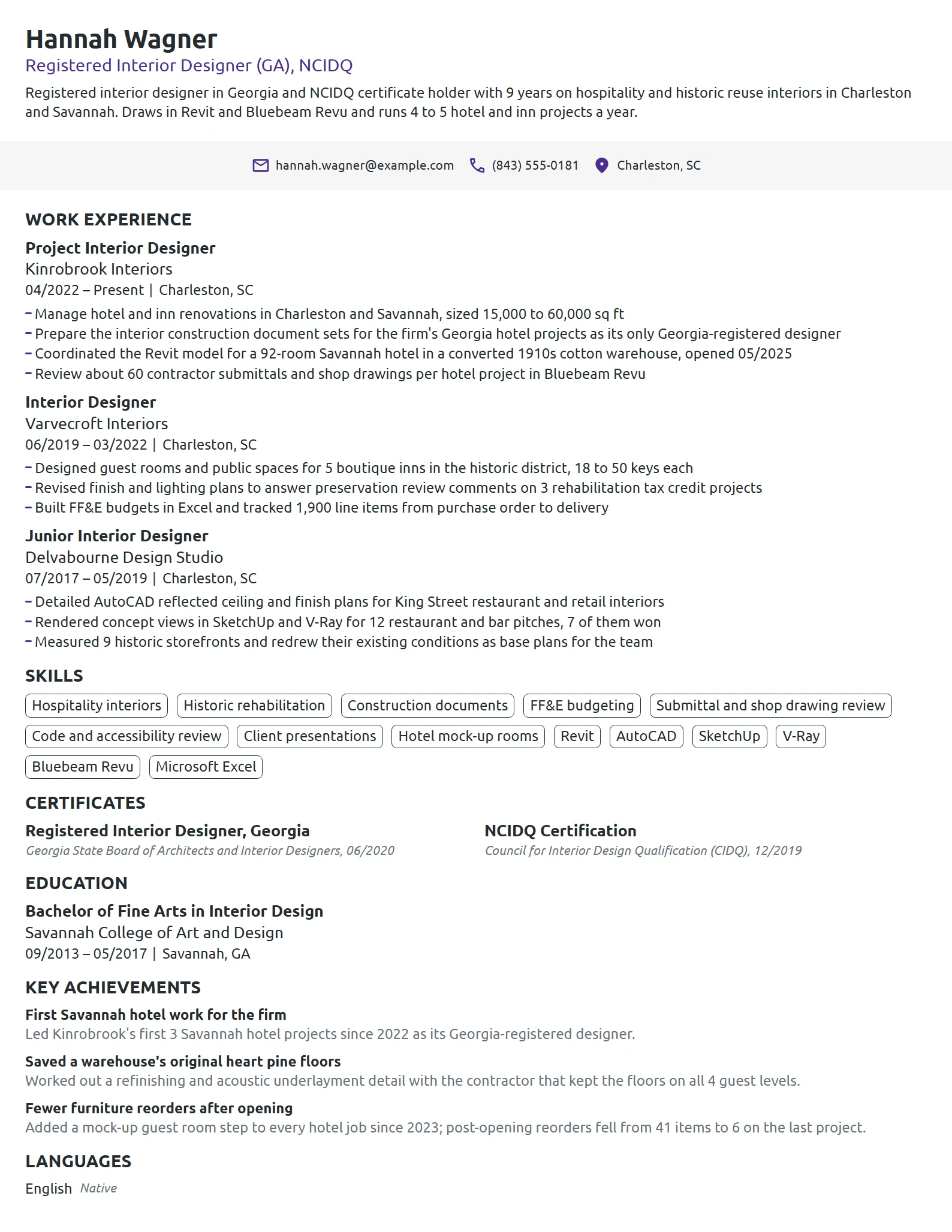 Registered Interior Designer resume example