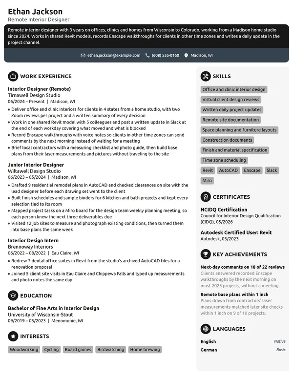 Remote Interior Designer resume example