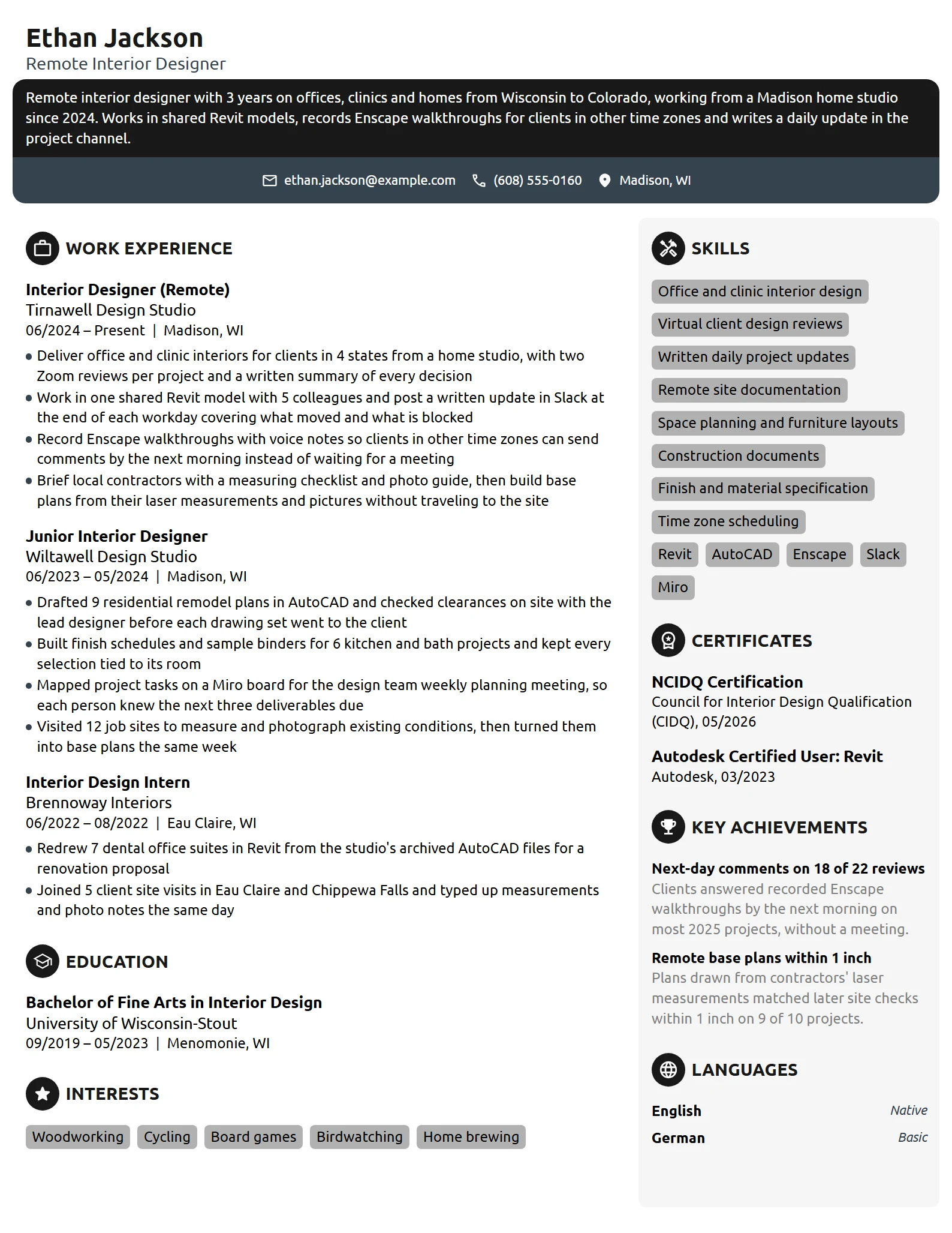 Remote Interior Designer resume example