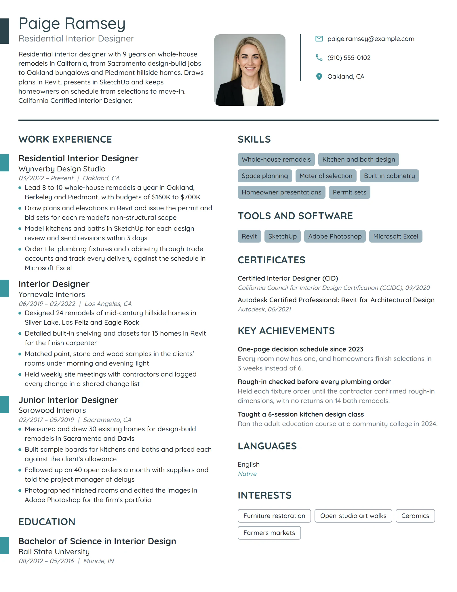 Residential Interior Designer resume example