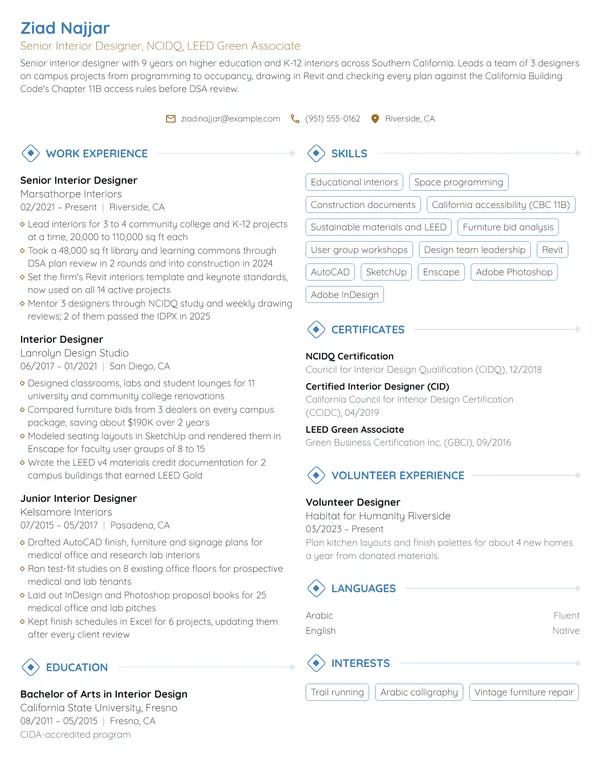 Senior Interior Designer resume example