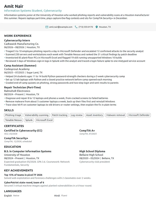 Cybersecurity Intern resume example