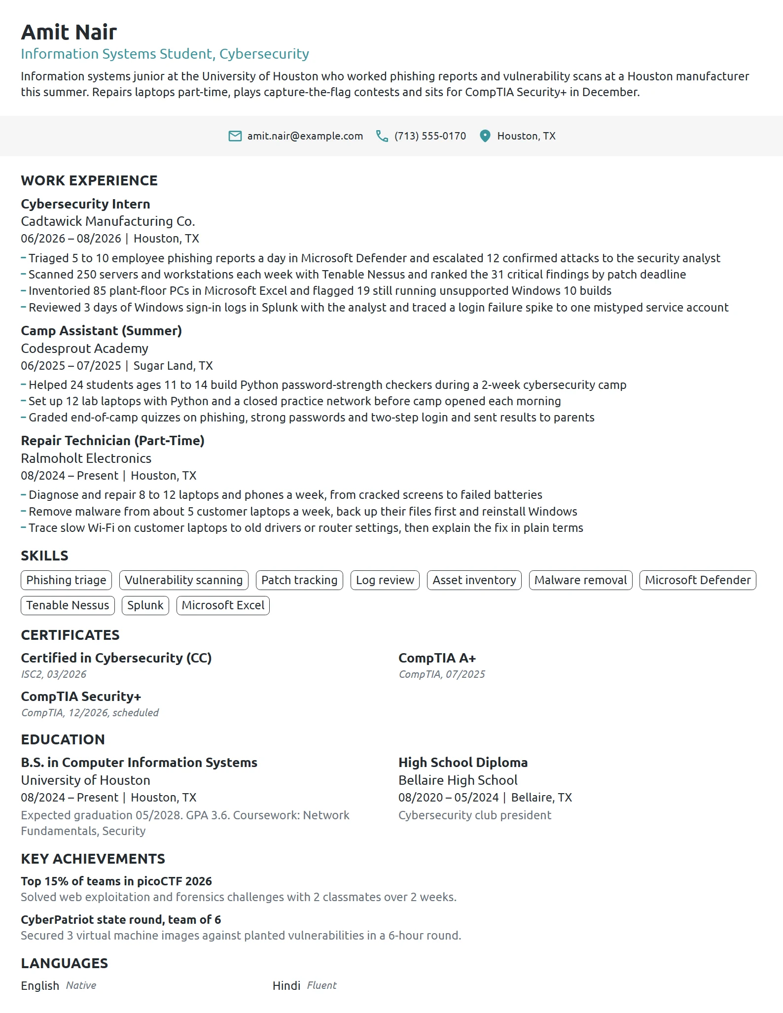 Cybersecurity Intern resume example