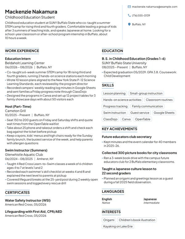 Education Intern resume example