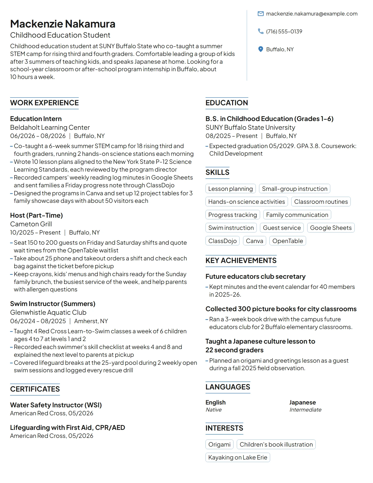 Education Intern resume example