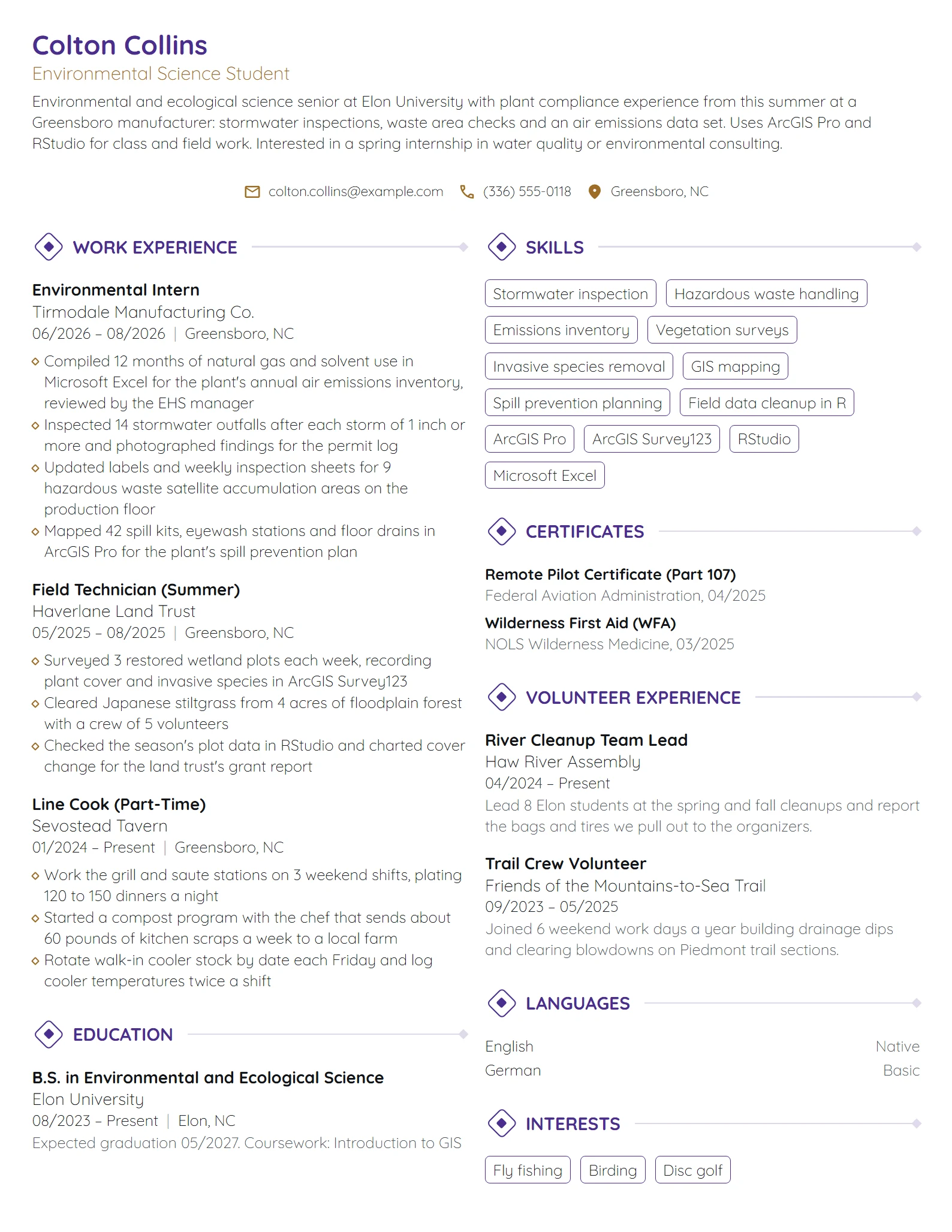 Environmental Science Intern resume example