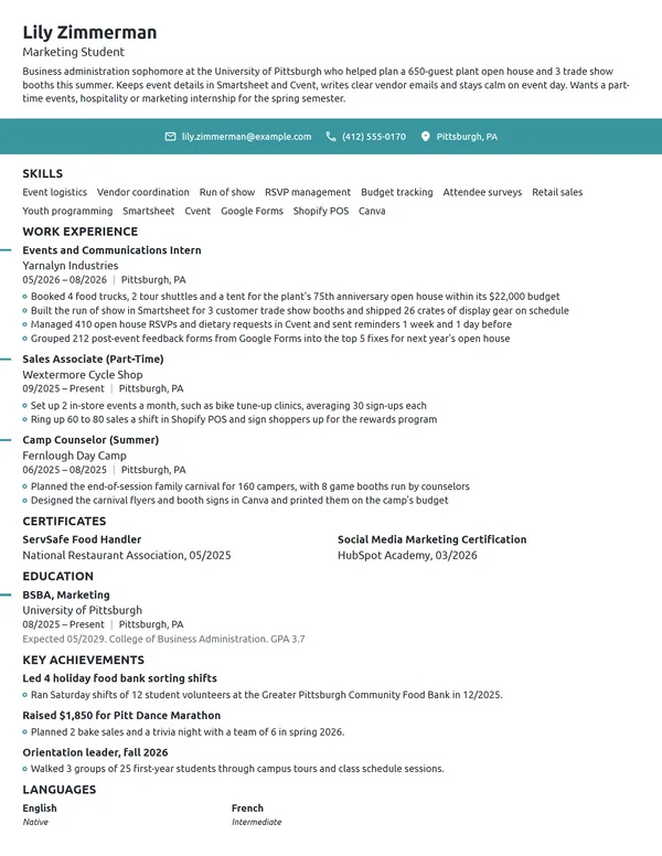 Event Planning Intern resume example