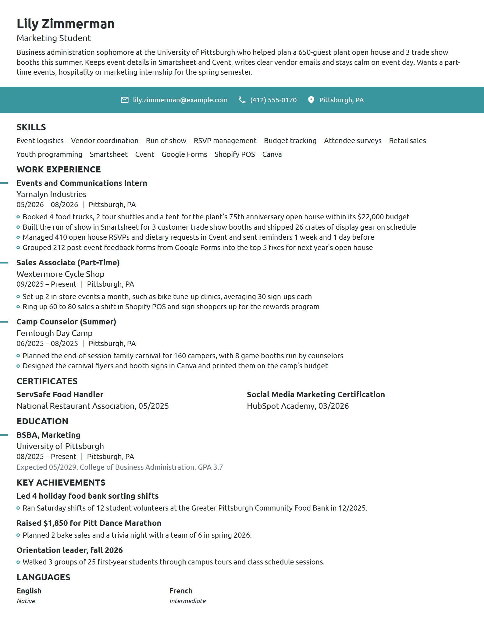 Event Planning Intern resume example