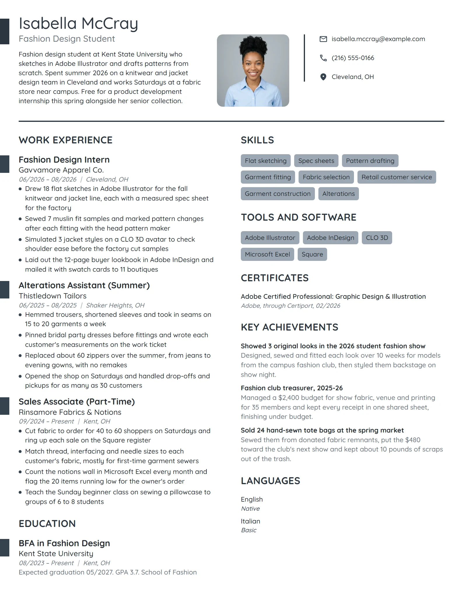 Fashion Design Intern resume example