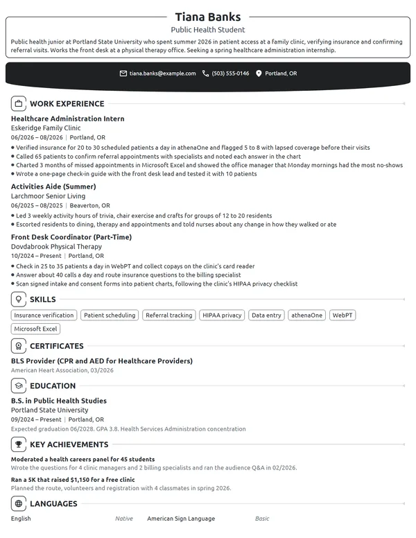 Healthcare Administration Intern resume example