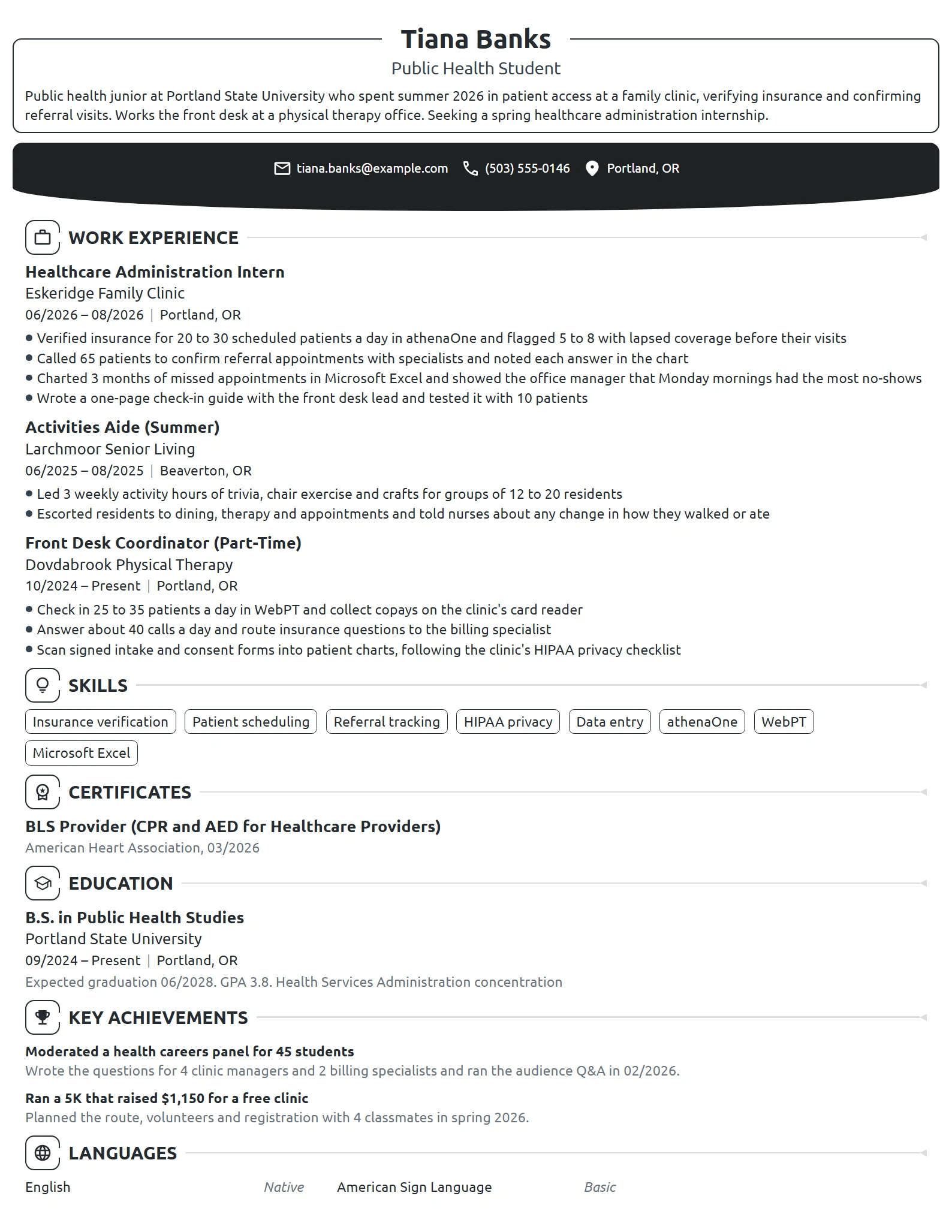 Healthcare Administration Intern resume example