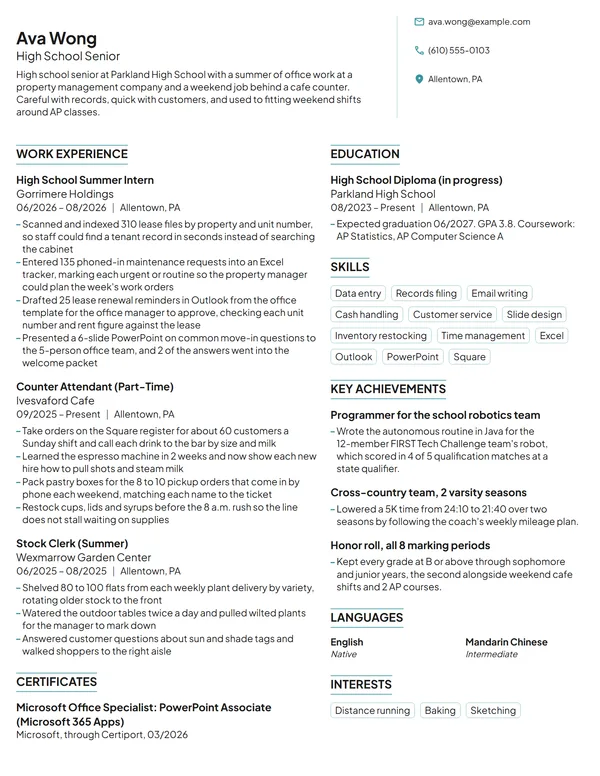 High School Intern resume example