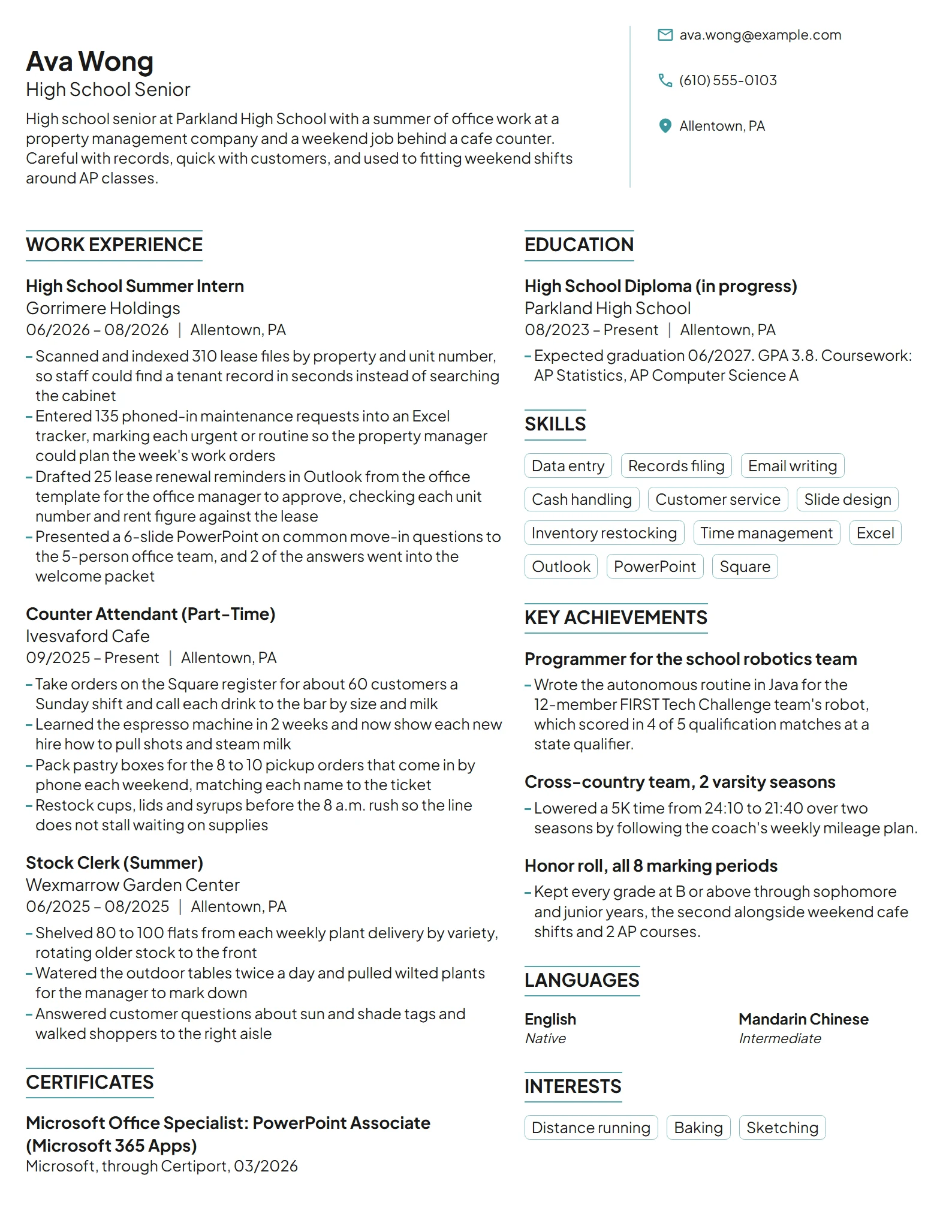 High School Intern resume example