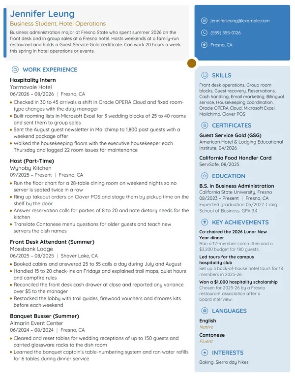 Hospitality Intern resume example