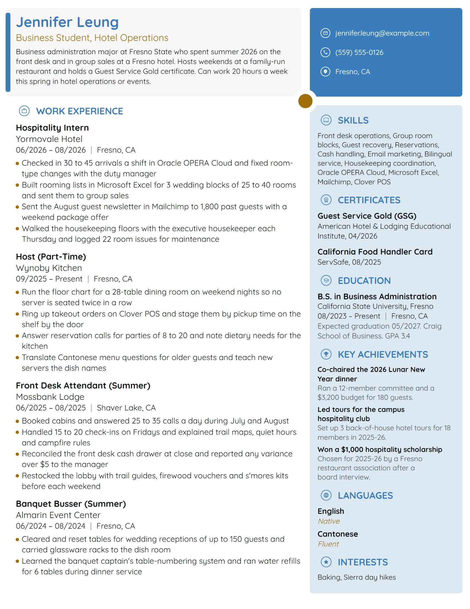 Hospitality Intern resume example