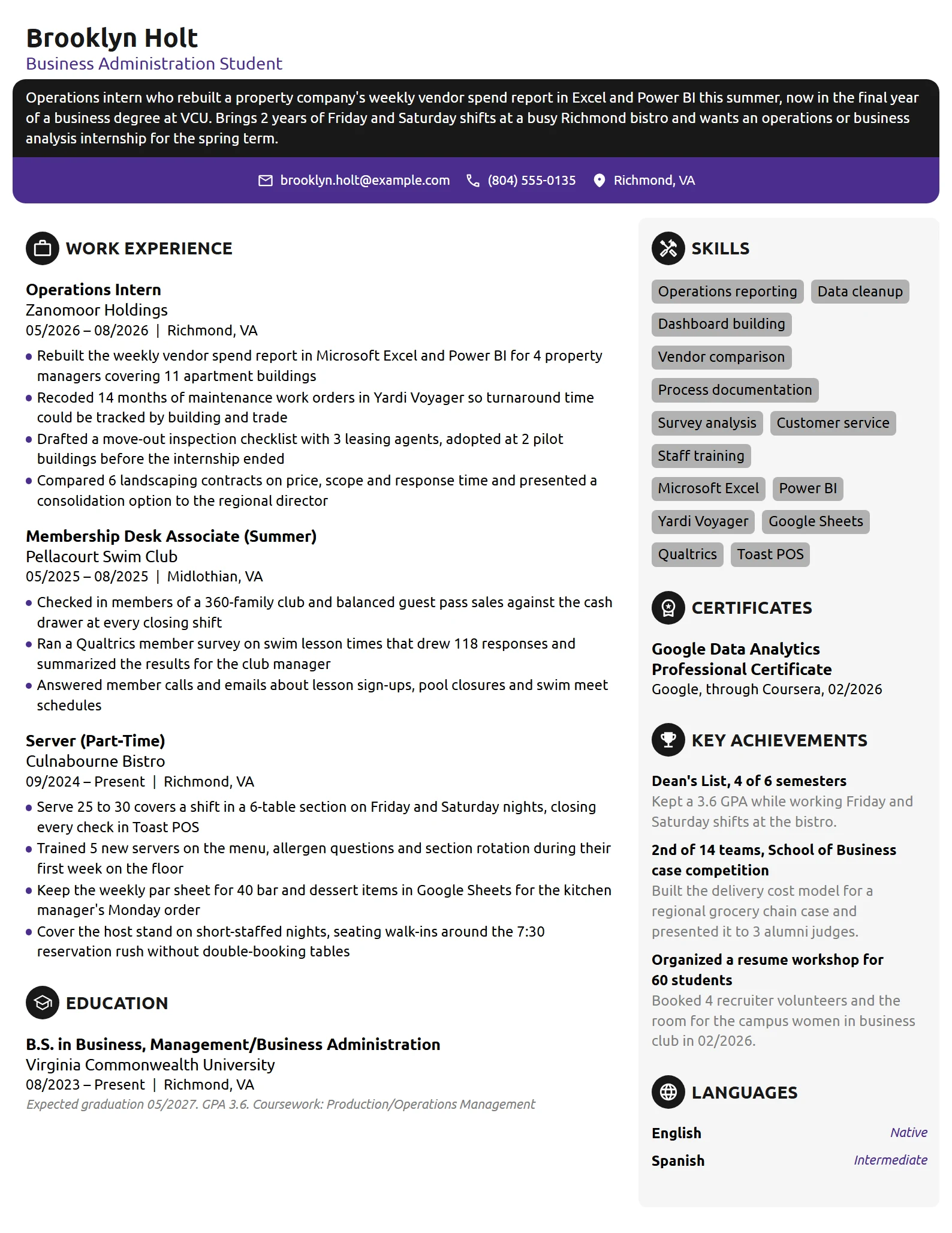 Intern resume example