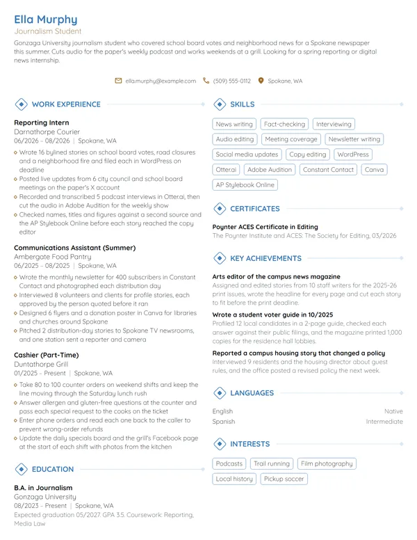 Journalism Intern resume example