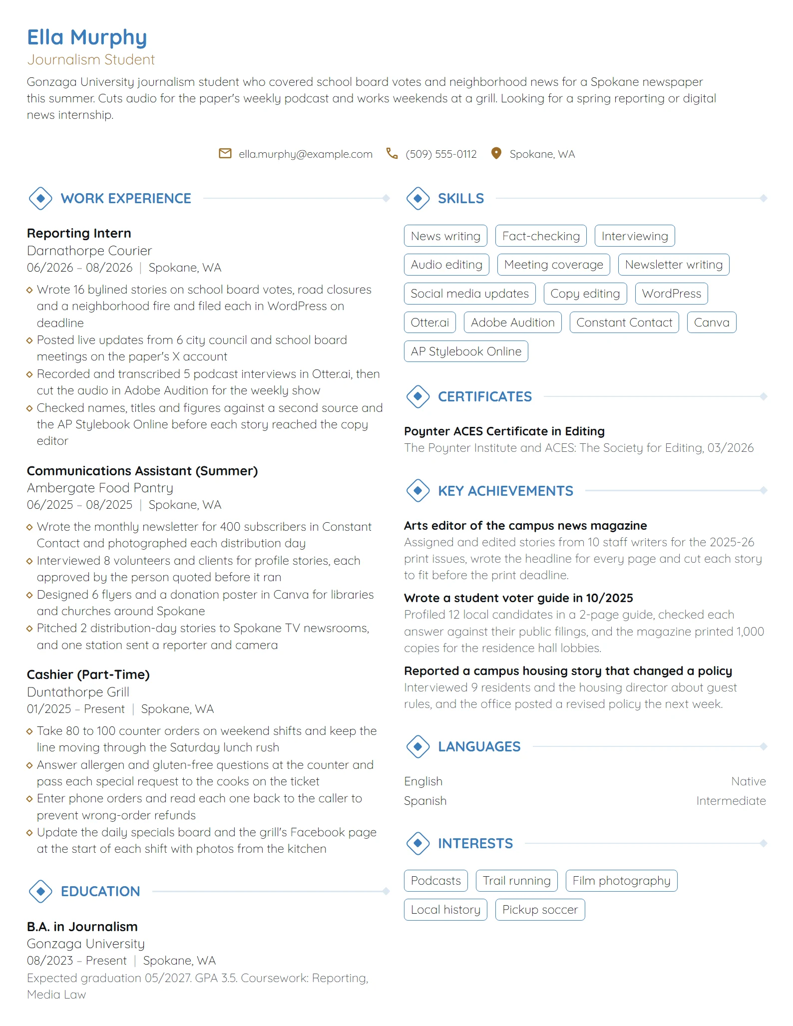Journalism Intern resume example