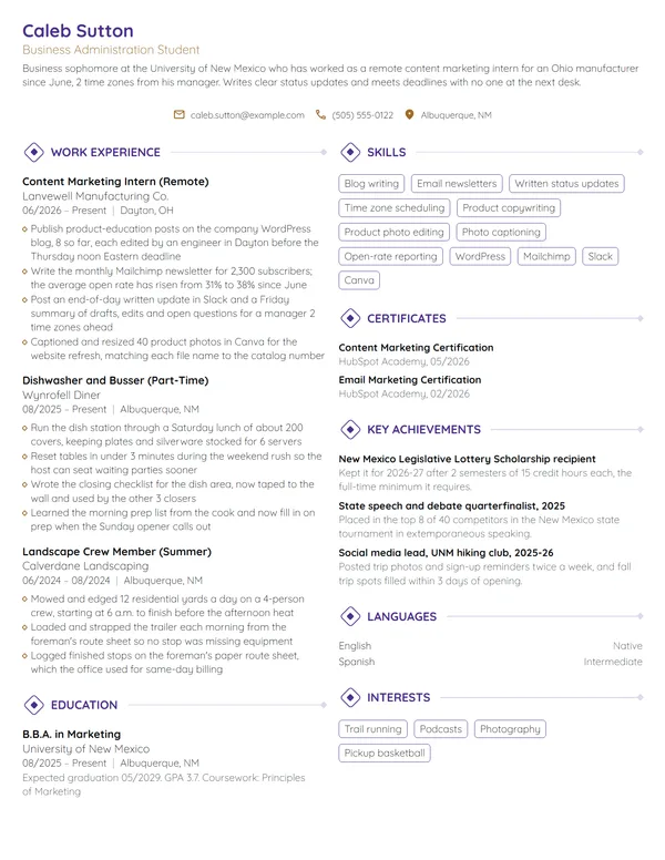 Remote Intern resume example