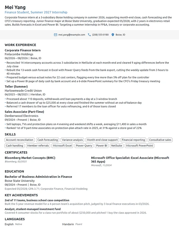 Business Internship resume example