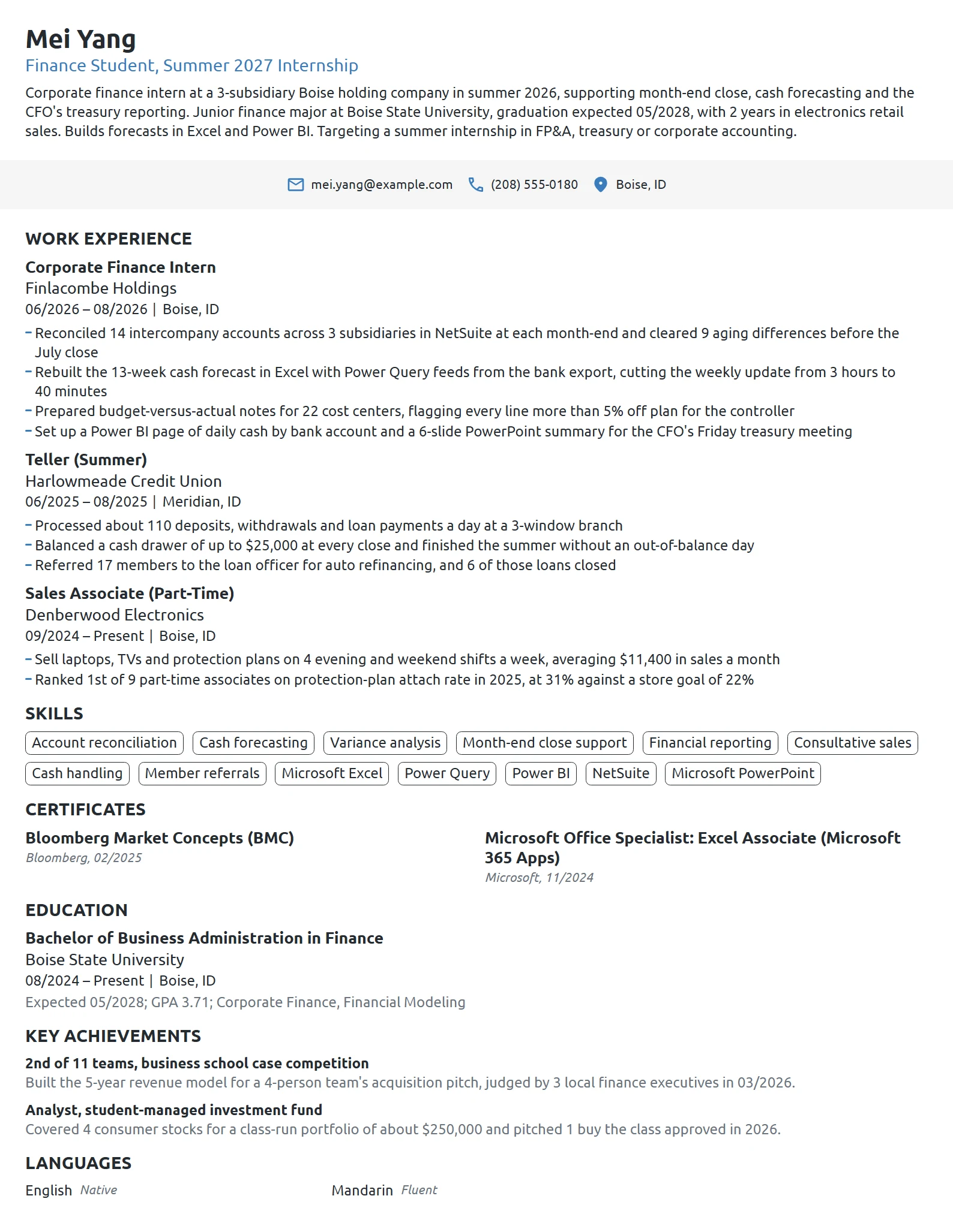 Business Internship resume example