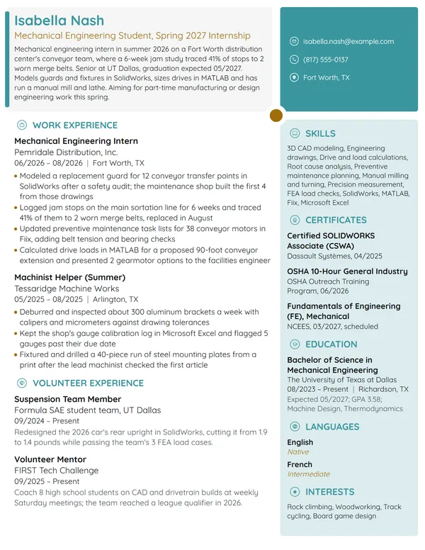 Engineering Internship resume example