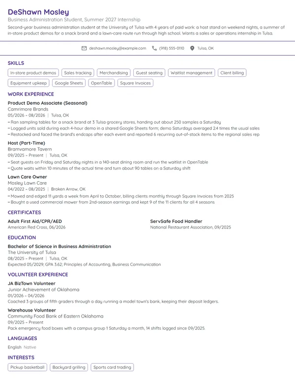 Internship with No Experience resume example
