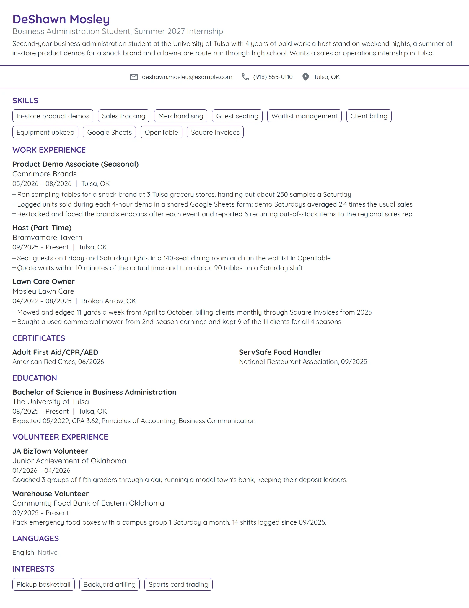 Internship with No Experience resume example