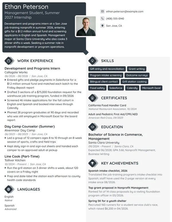 Nonprofit Internship resume example