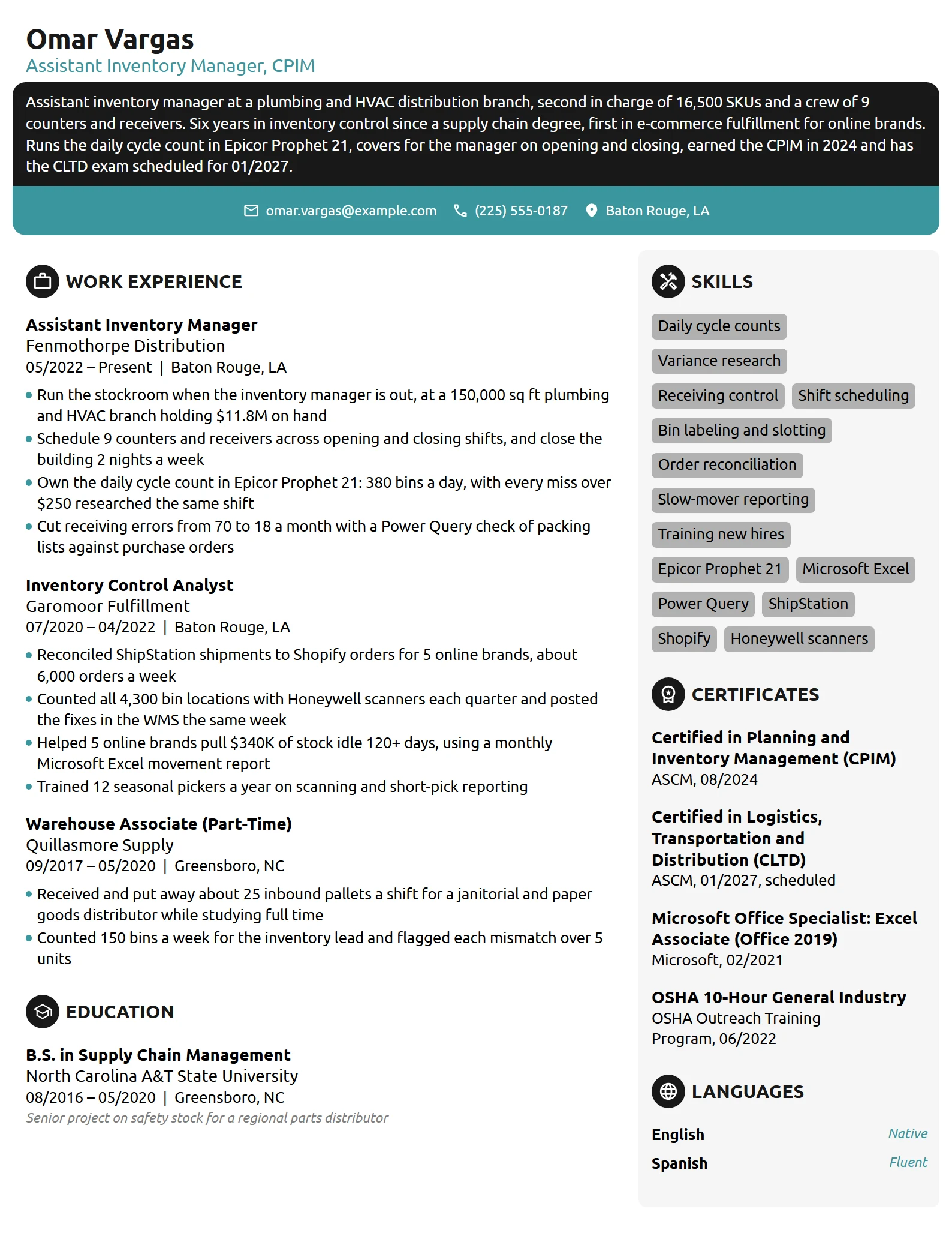 Assistant Inventory Manager resume example