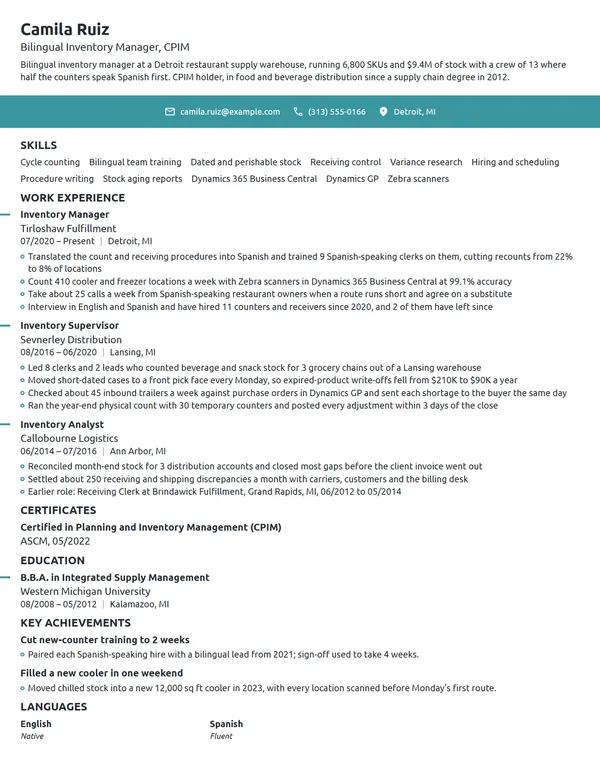 Bilingual Inventory Manager resume example