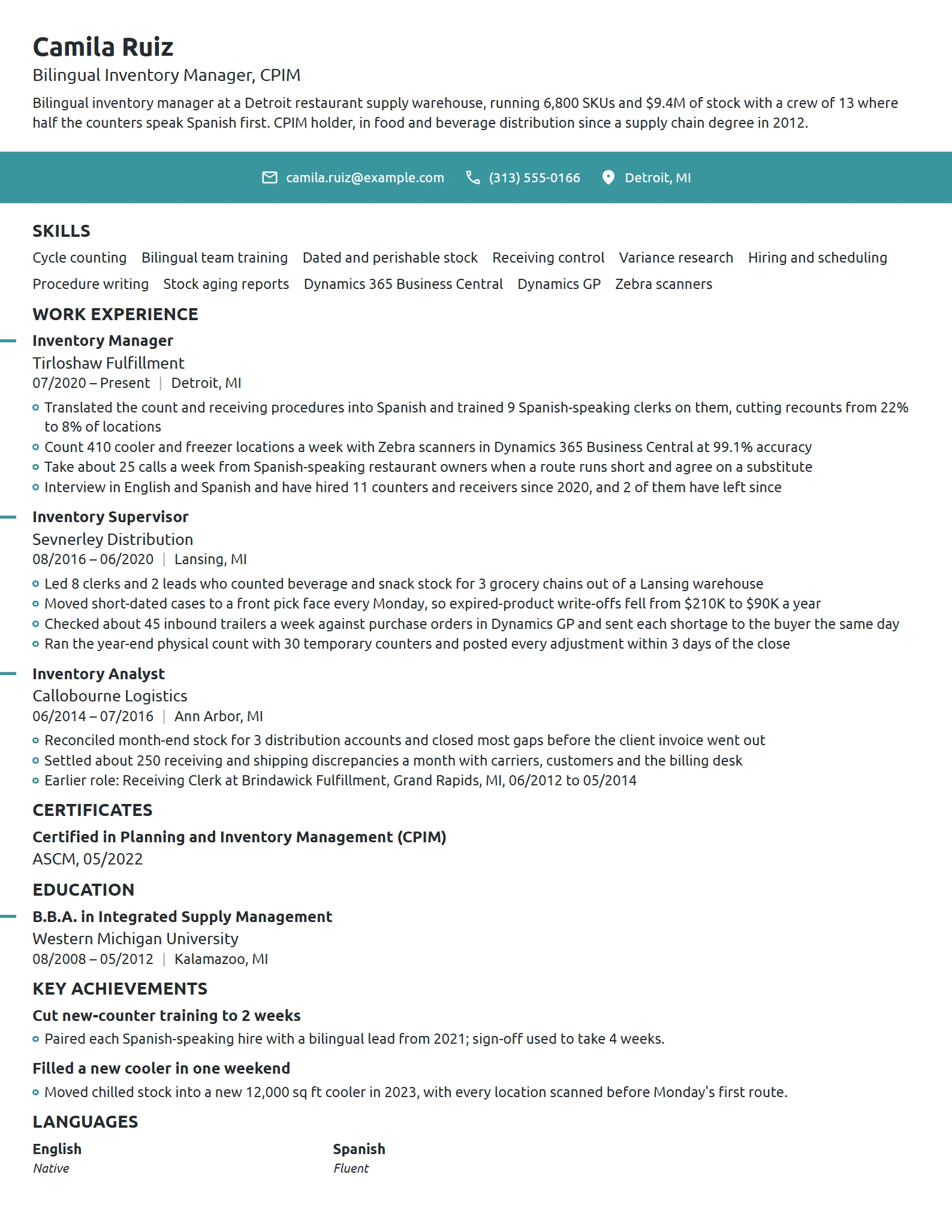 Bilingual Inventory Manager resume example