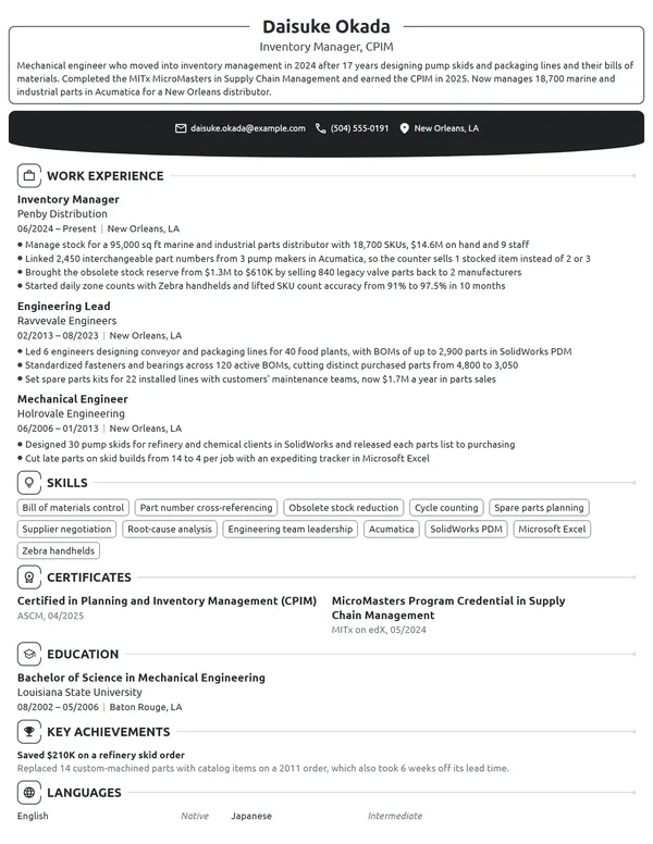 Career Change Inventory Manager resume example