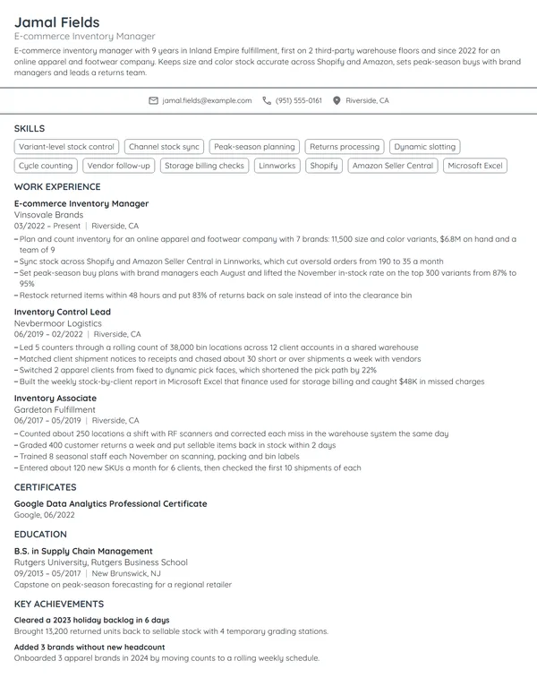 E-commerce Inventory Manager resume example