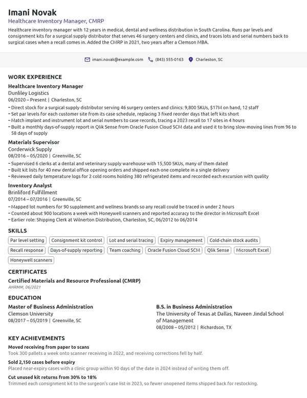 Healthcare Inventory Manager resume example