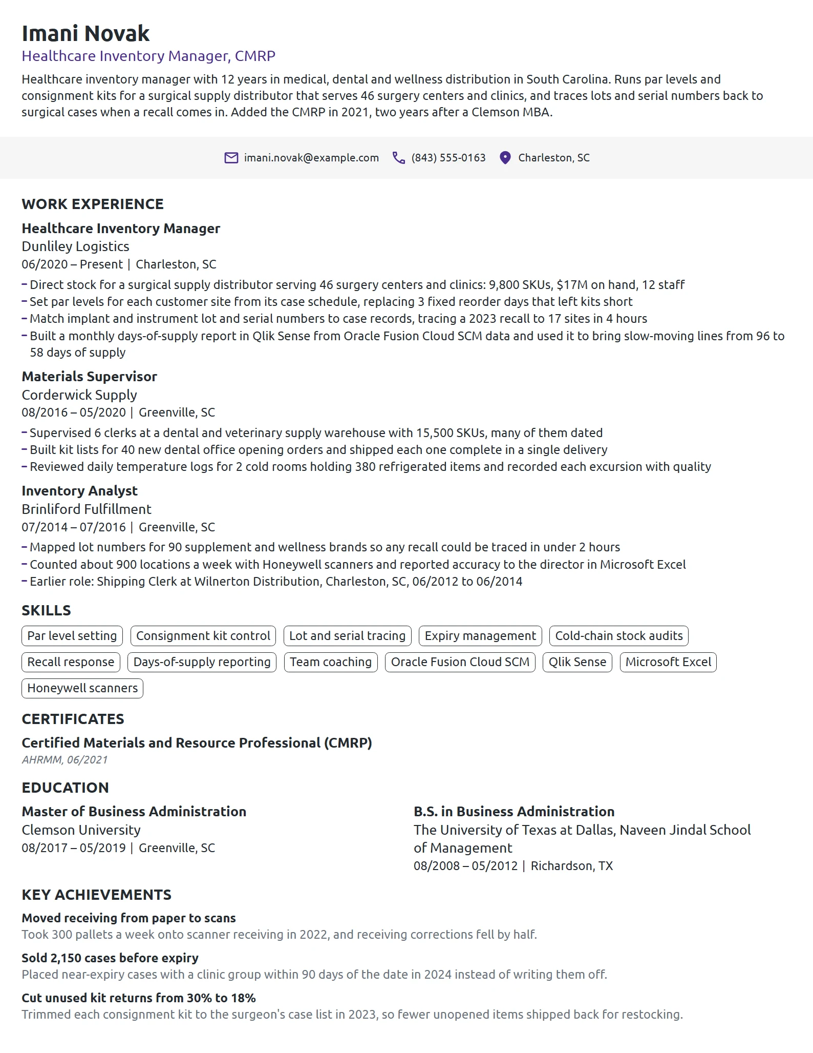 Healthcare Inventory Manager resume example
