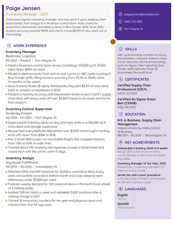 Inventory Manager resume example