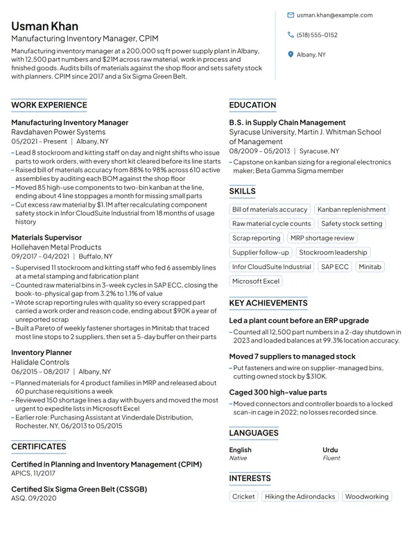 Manufacturing Inventory Manager resume example