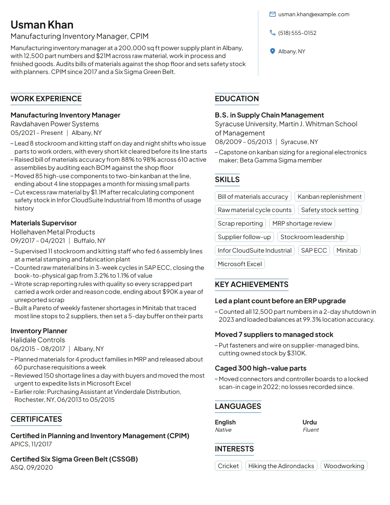 Manufacturing Inventory Manager resume example