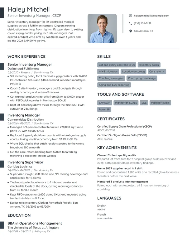 Senior Inventory Manager resume example