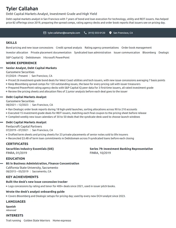 Debt Capital Markets Analyst resume example
