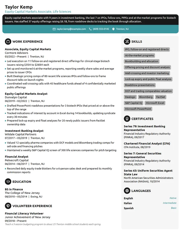 Equity Capital Markets Associate resume example
