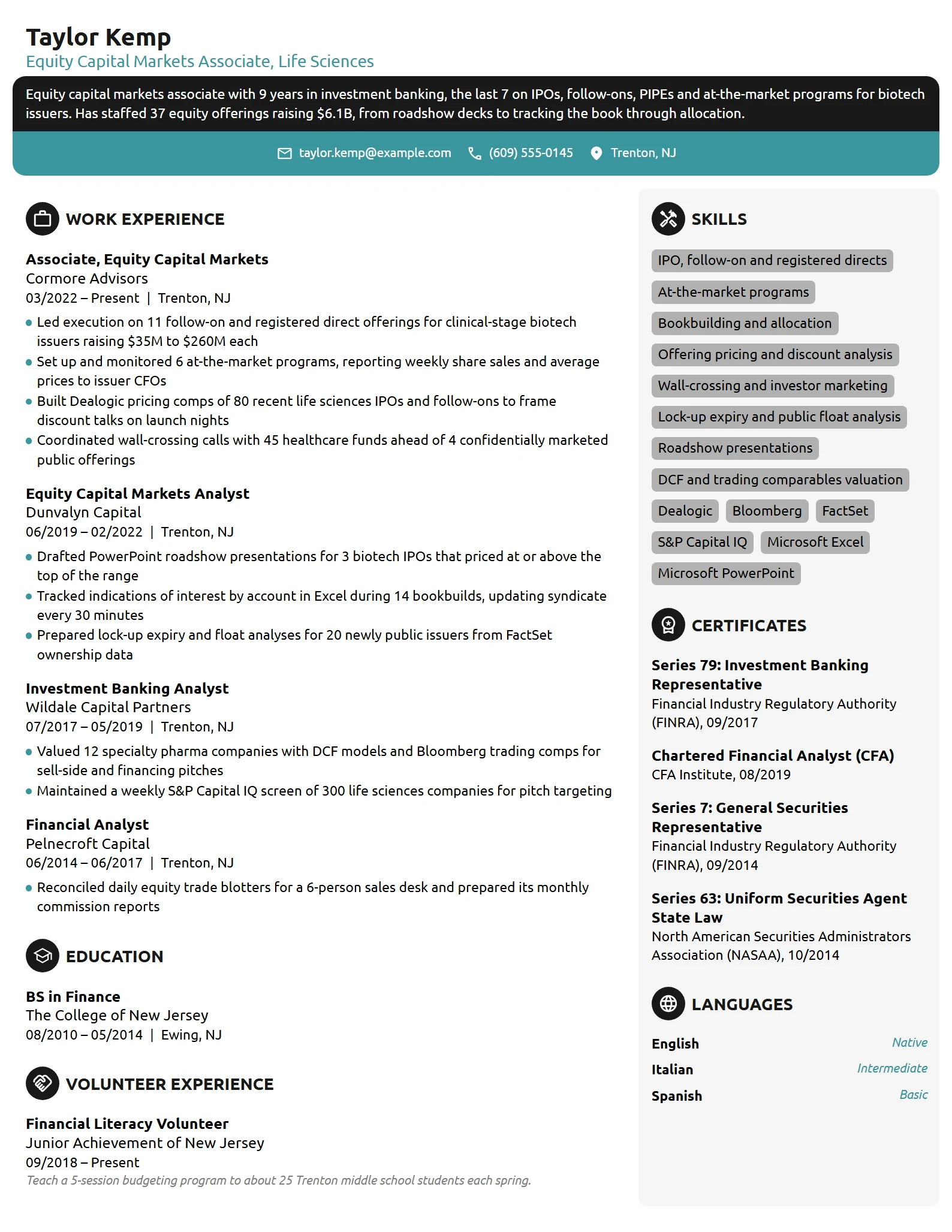 Equity Capital Markets Associate resume example