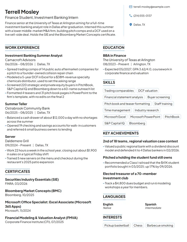 Investment Banking Intern resume example