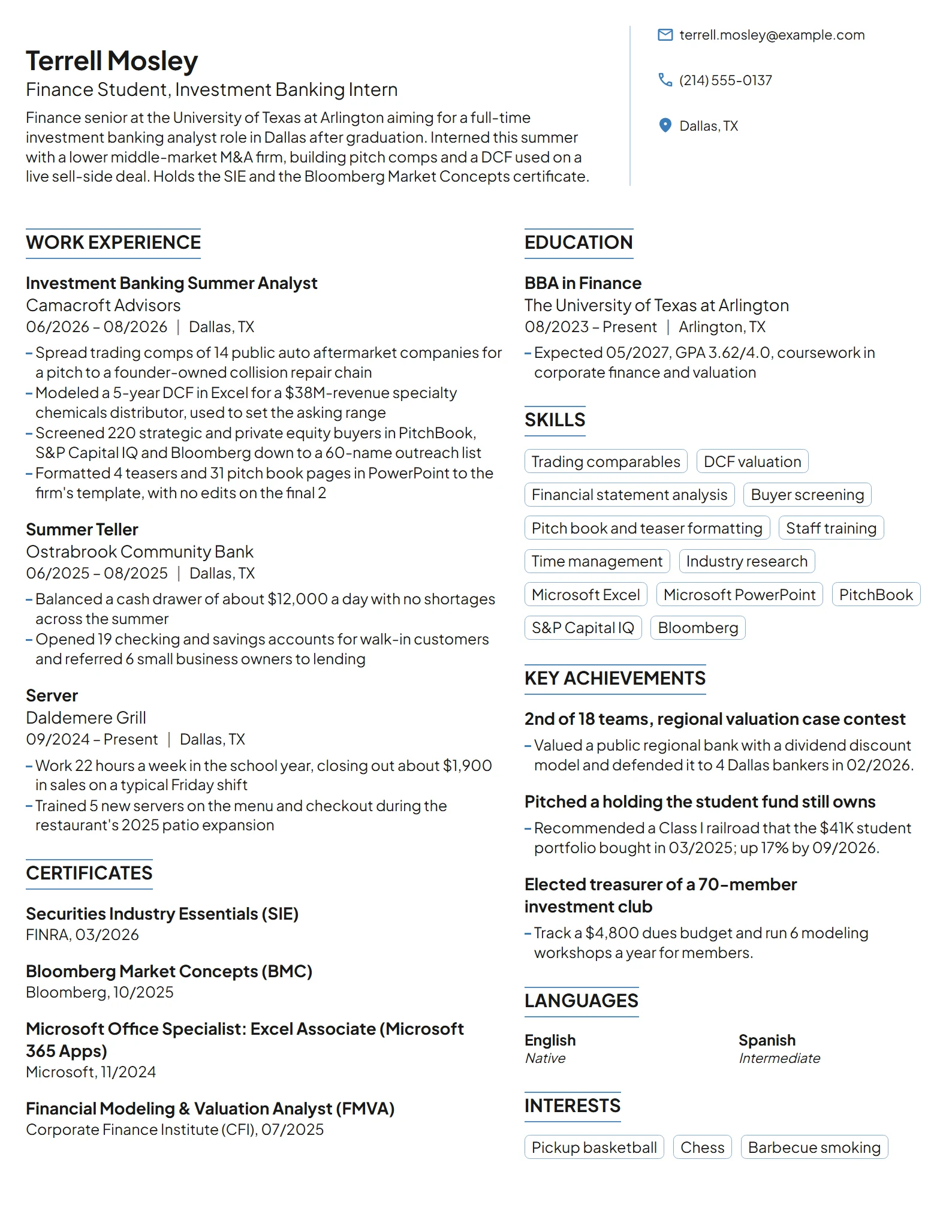 Investment Banking Intern resume example
